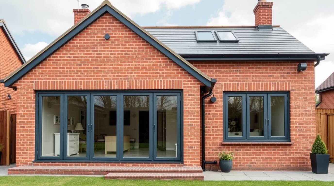 Modern red brick house extension with new roof and skylights